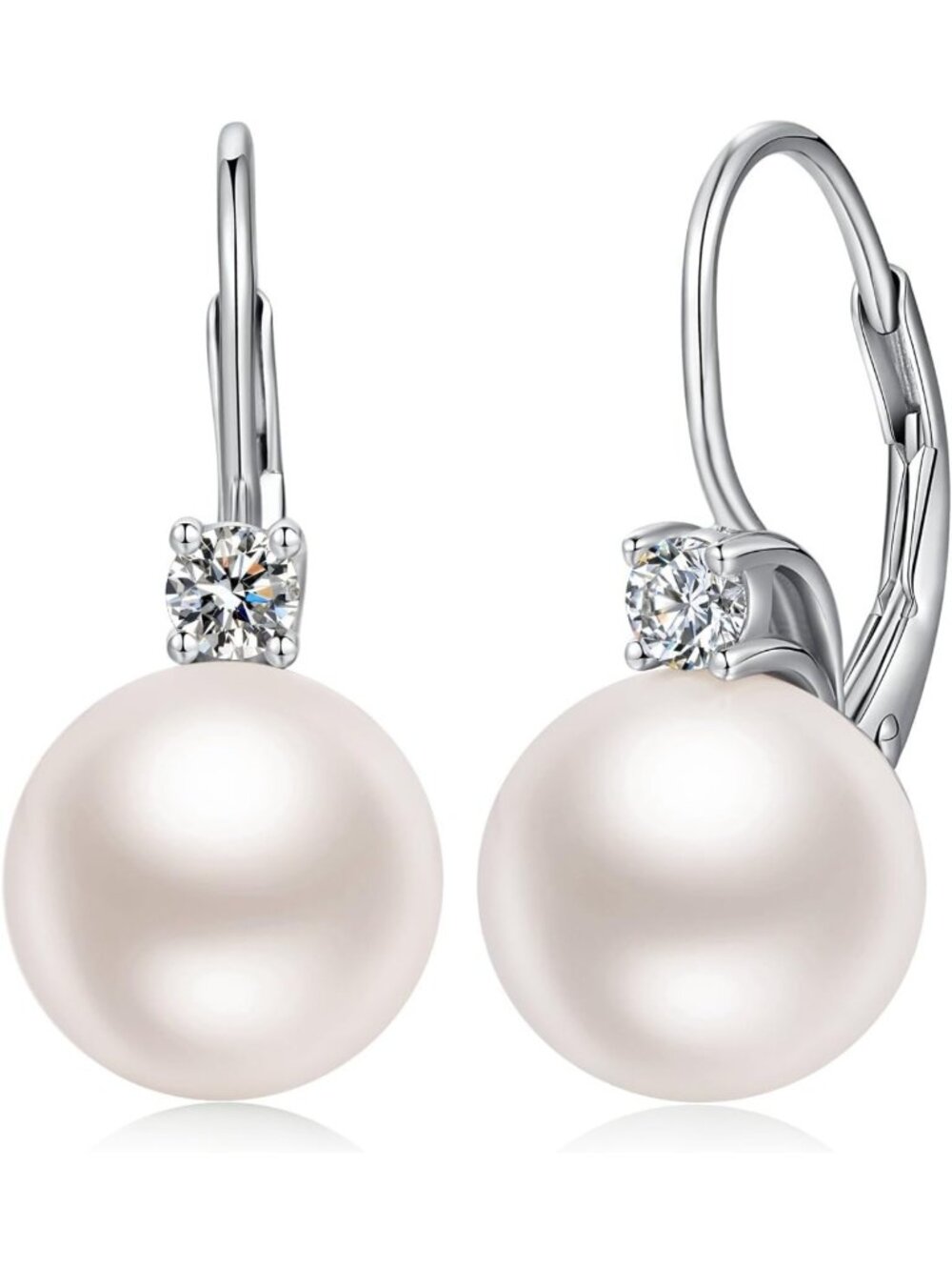 Elegant 925 Sterling Silver Pearl Leverback Earrings with Cubic Zirconia, 10MM
